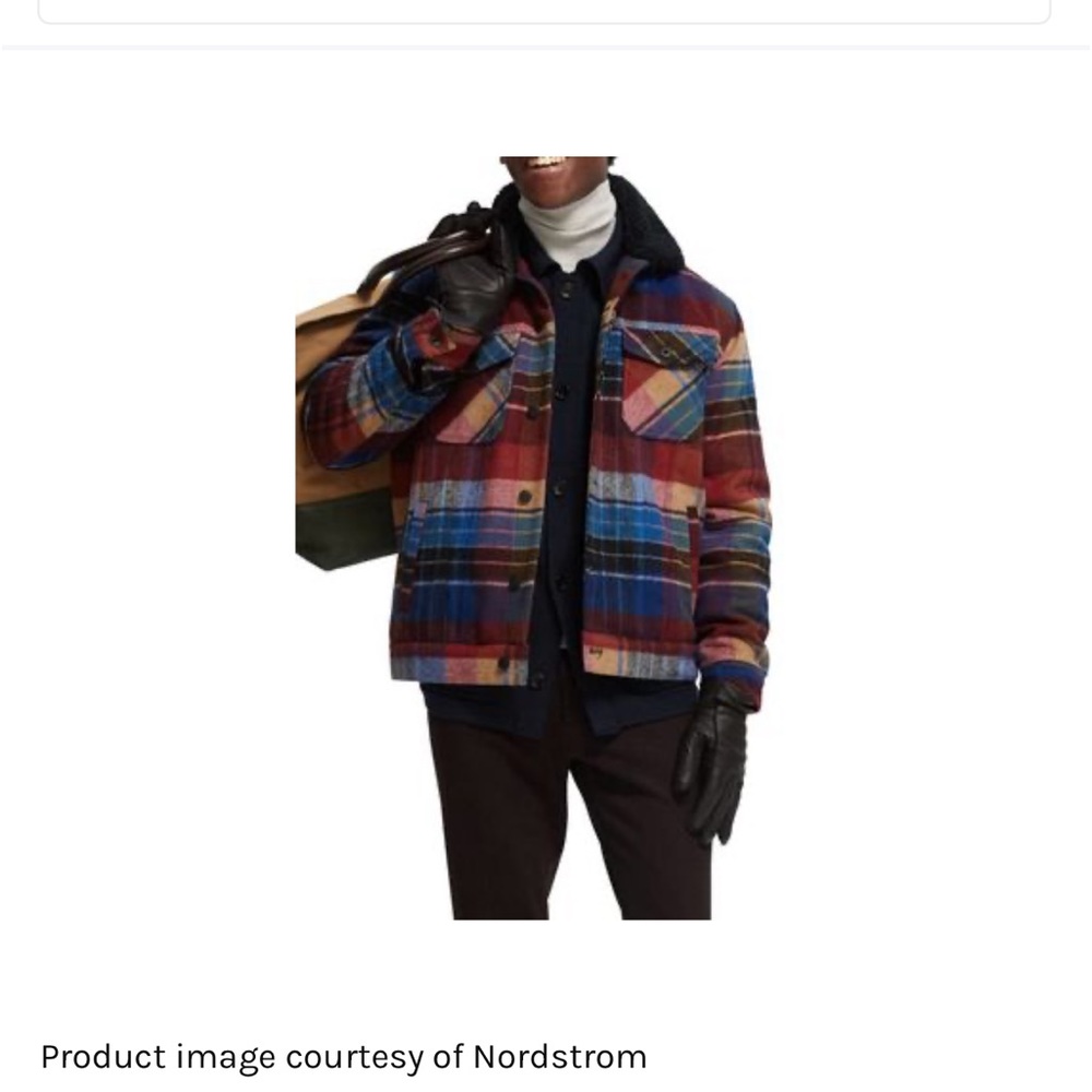 Scotch & Soda Sherpa lined plaid trucker jacket.